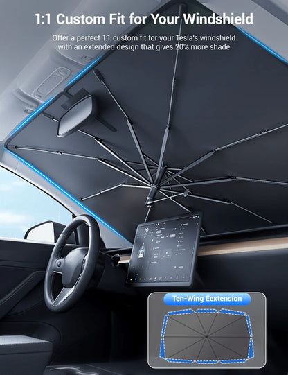 Windshield Sun Shade Umbrella for Tesla Model 3 / Model Y / Model S / Model X – Foldable UV & Heat Insulation Sunshade