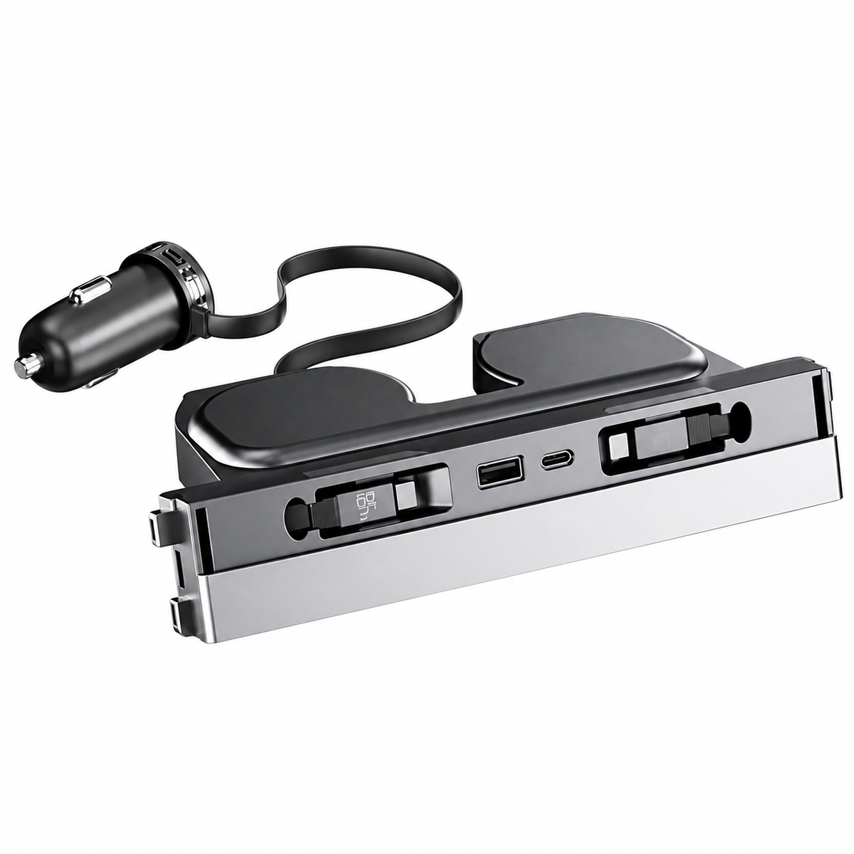 Dibo Tesla center console charging hub with retractable cables on white background
