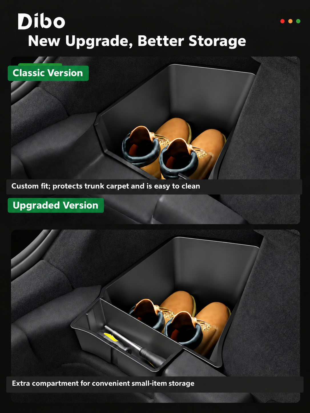 Dibo classic and upgraded trunk side storage designs