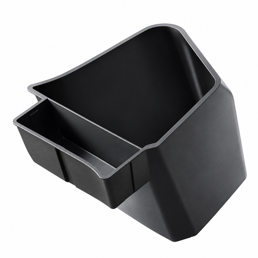 Black trunk side organizer with divided compartments on a white background