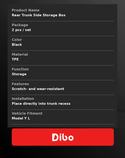 TPE trunk side storage product specifications for Model Y L