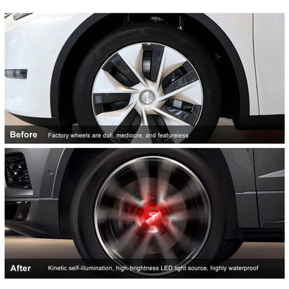 LED Wheel Hub Light Caps with Kinetic Power Generator for Tesla Model 3/Y/S/X (Set of 4) – Battery-Free Glowing Center Caps for Enhanced Safety and Style
