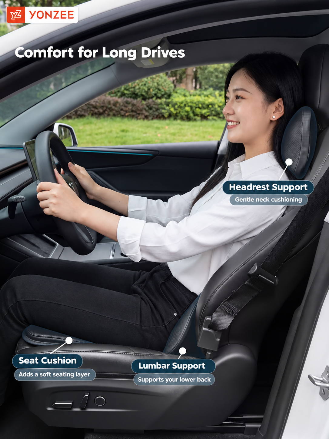 Illustrative lifestyle view of YONZEE cushions arranged in a car seat